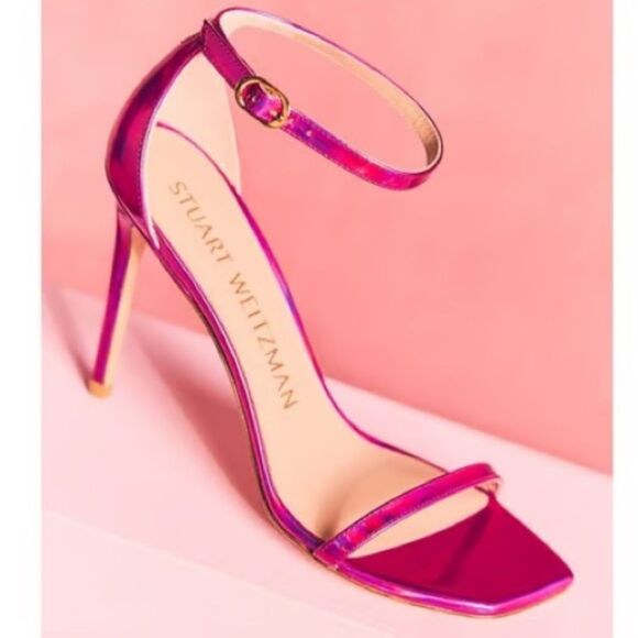 STUART WEITZMAN Sandal Nudist NEW Iridescent Patent Leather 4.5” Stiletto Pink 9 - Picture 5 of 16